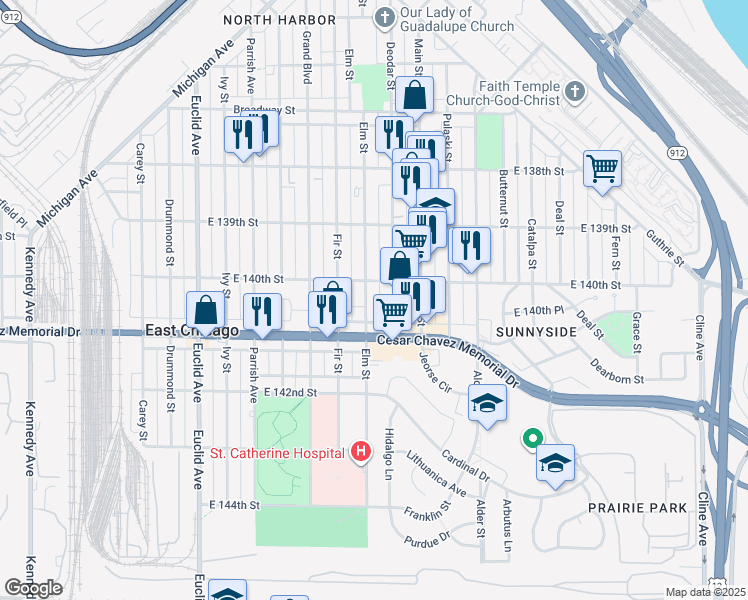map of restaurants, bars, coffee shops, grocery stores, and more near 4011 Elm Street in East Chicago