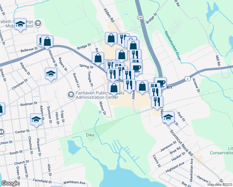 map of restaurants, bars, coffee shops, grocery stores, and more near 9 Plaza Way in Fairhaven