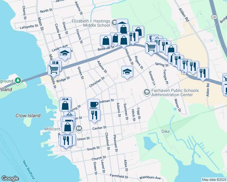map of restaurants, bars, coffee shops, grocery stores, and more near 159 Pleasant Street in Fairhaven