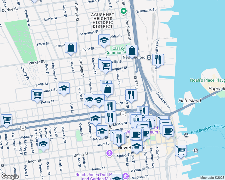 map of restaurants, bars, coffee shops, grocery stores, and more near 62 Thomas Street in New Bedford