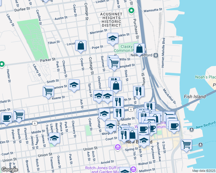 map of restaurants, bars, coffee shops, grocery stores, and more near 190 Maxfield Street in New Bedford