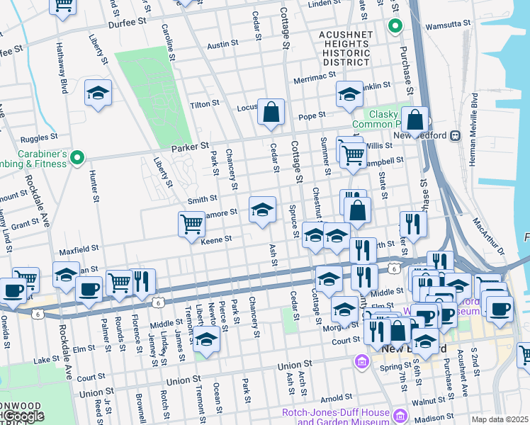 map of restaurants, bars, coffee shops, grocery stores, and more near 305 Maxfield Street in New Bedford