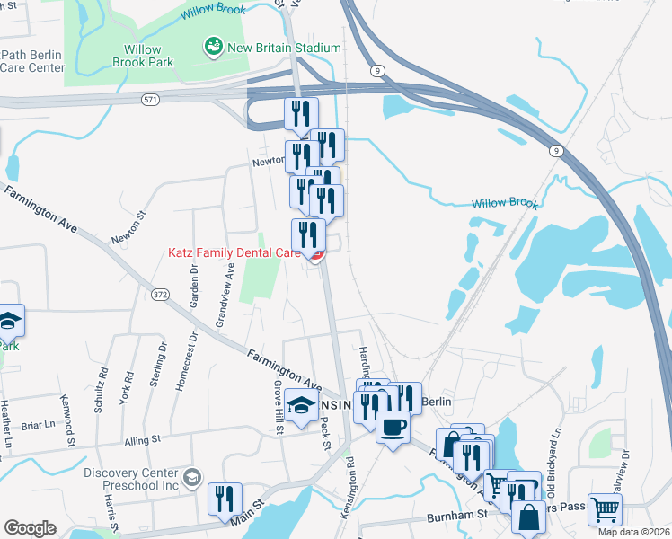 map of restaurants, bars, coffee shops, grocery stores, and more near 319 Connecticut 71 in Berlin