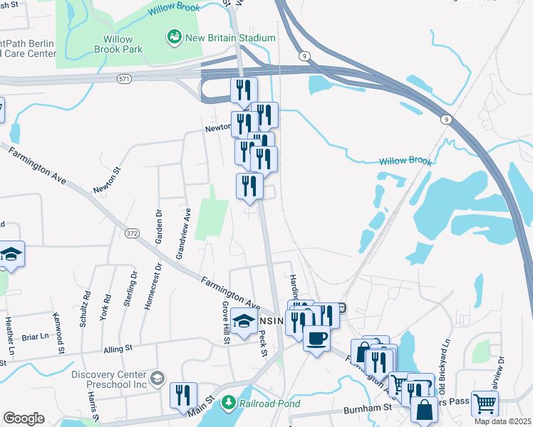 map of restaurants, bars, coffee shops, grocery stores, and more near 319 Connecticut 71 in Berlin