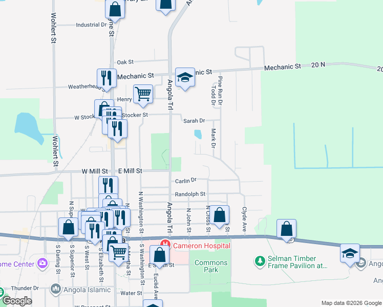 map of restaurants, bars, coffee shops, grocery stores, and more near 500 Williams Street in Angola