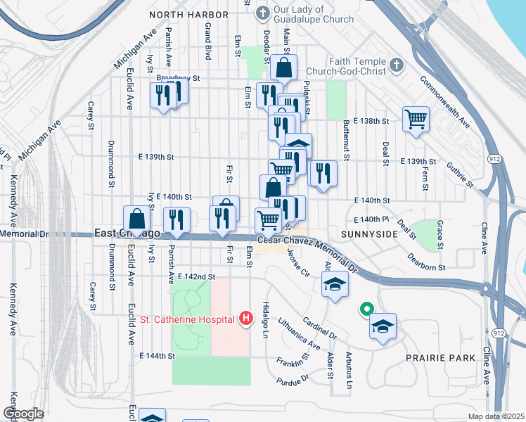 map of restaurants, bars, coffee shops, grocery stores, and more near 4015 Elm Street in East Chicago