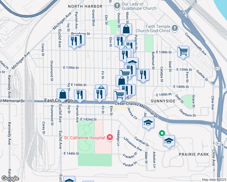 map of restaurants, bars, coffee shops, grocery stores, and more near 4015 Elm Street in East Chicago