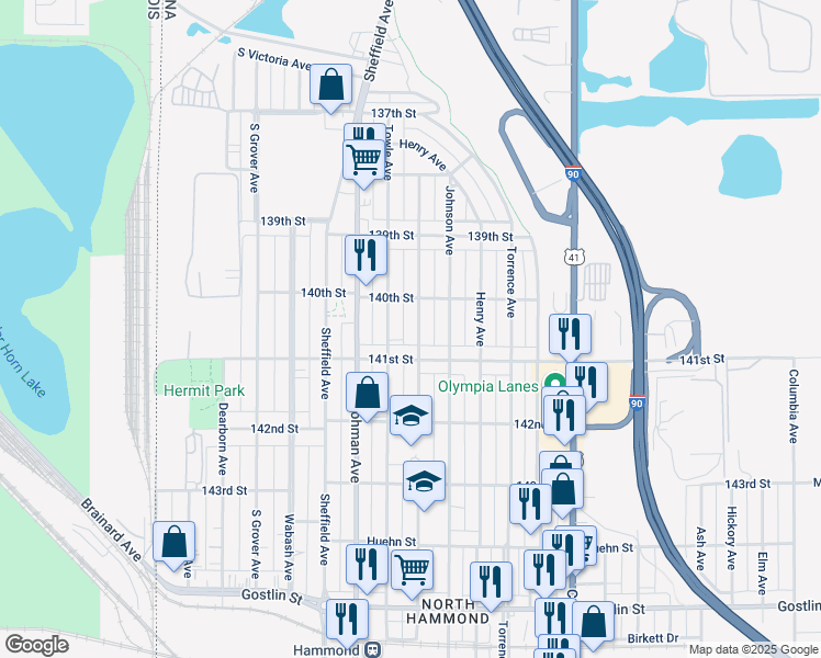map of restaurants, bars, coffee shops, grocery stores, and more near 4031 Cameron Ave in Hammond