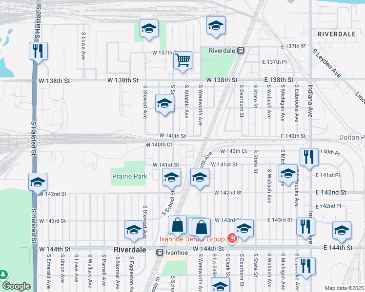 map of restaurants, bars, coffee shops, grocery stores, and more near 14022 South Highlawn Avenue in Riverdale