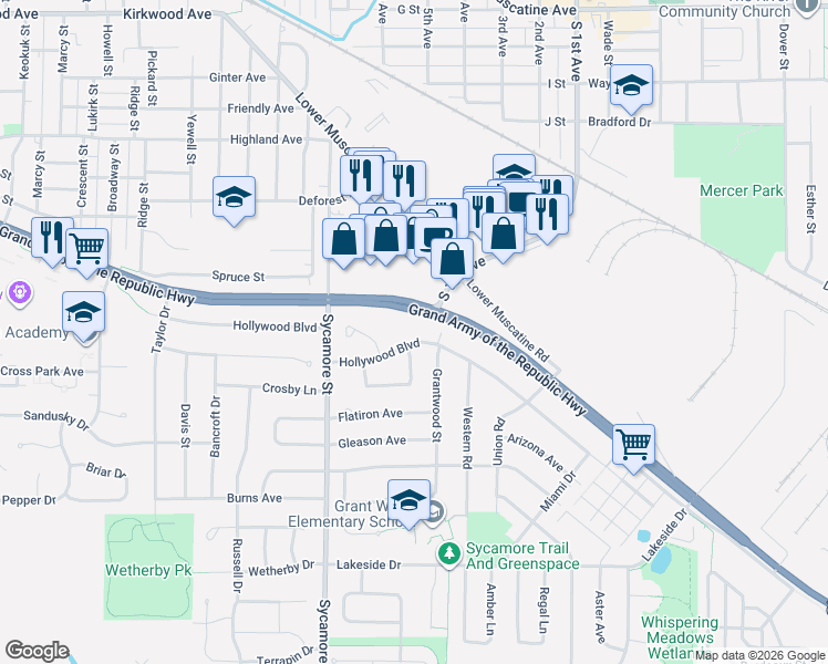 map of restaurants, bars, coffee shops, grocery stores, and more near 1824 Hollywood Boulevard in Iowa City