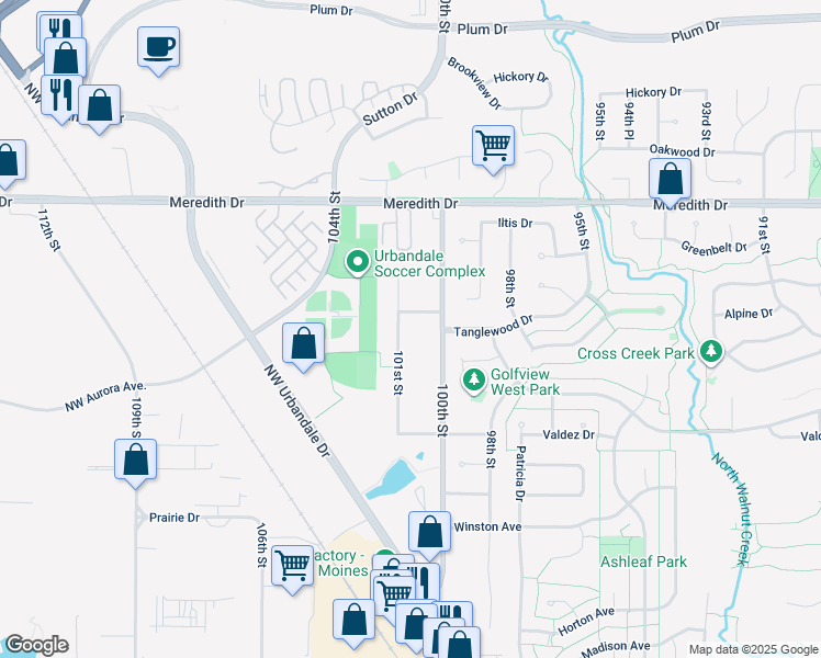 map of restaurants, bars, coffee shops, grocery stores, and more near 4327 101st Street in Urbandale