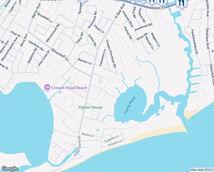 map of restaurants, bars, coffee shops, grocery stores, and more near 10 Athens Way in Yarmouth
