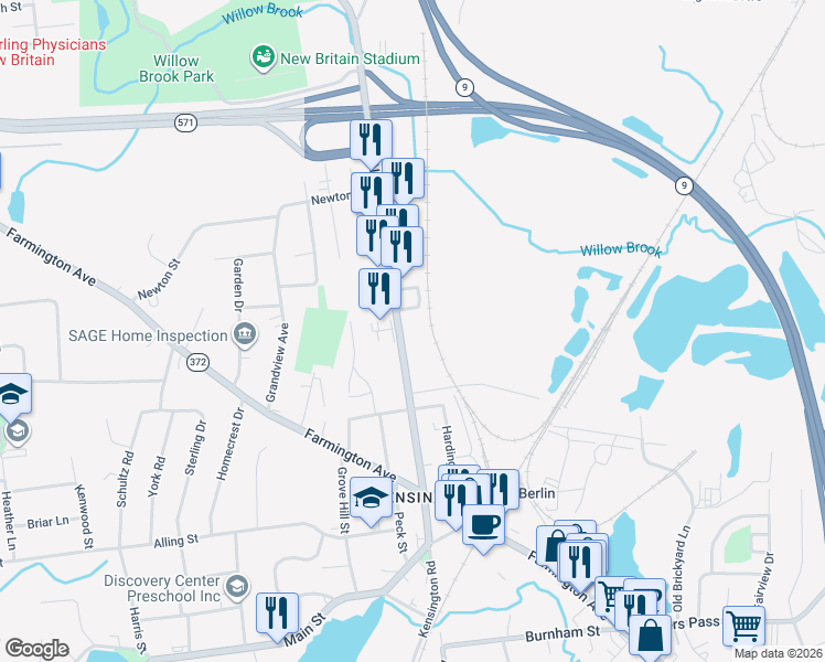 map of restaurants, bars, coffee shops, grocery stores, and more near 319 Connecticut 71 in Berlin