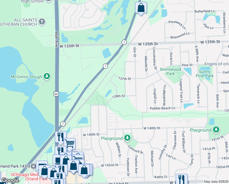 map of restaurants, bars, coffee shops, grocery stores, and more near 13756 Carolina Lane in Orland Park