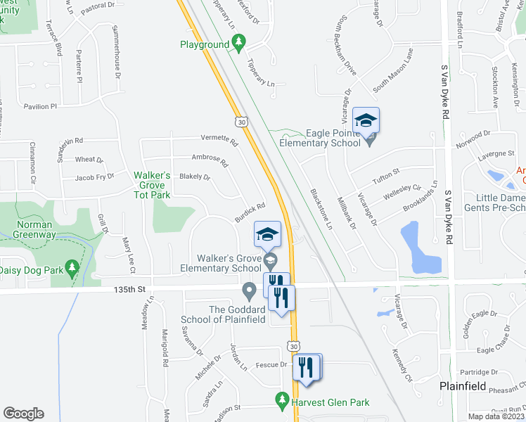 map of restaurants, bars, coffee shops, grocery stores, and more near 24825 Burdick Road in Plainfield