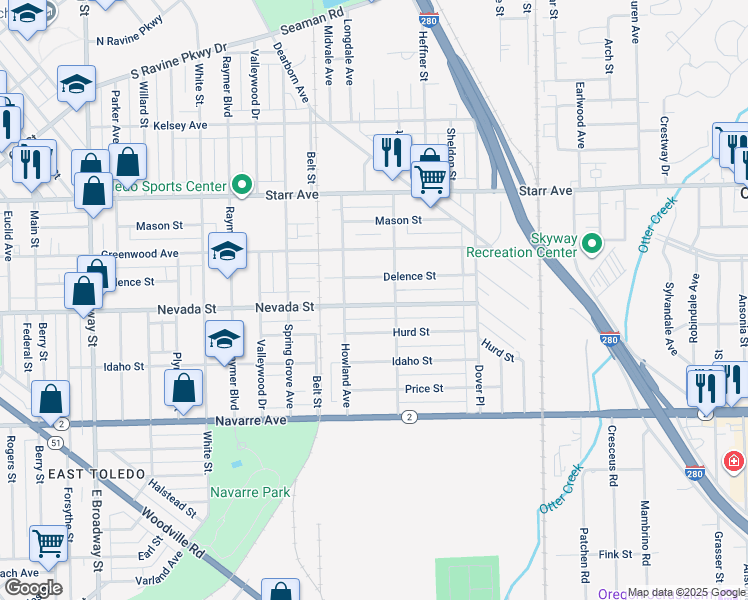 map of restaurants, bars, coffee shops, grocery stores, and more near 1931 Nevada Street in Toledo