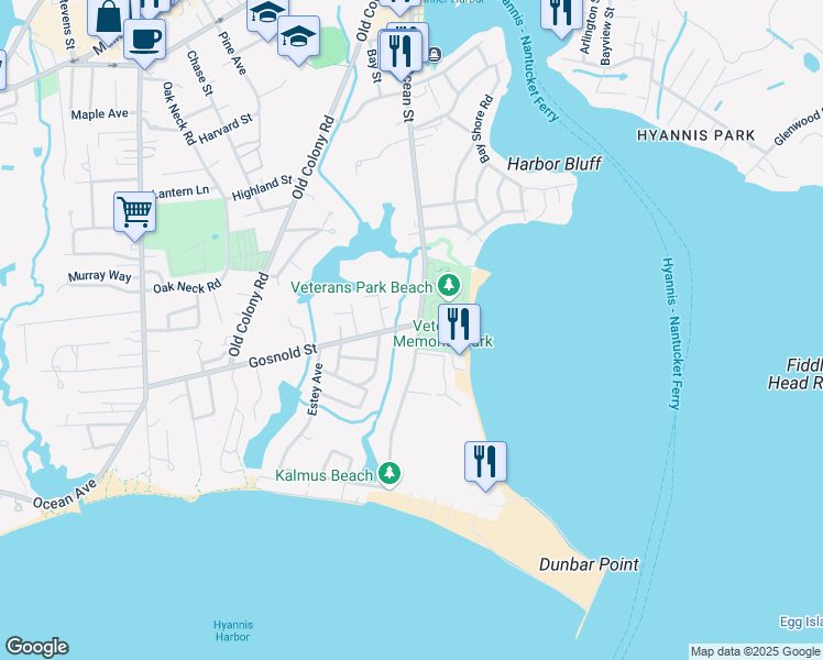 map of restaurants, bars, coffee shops, grocery stores, and more near 493 Ocean Street in Barnstable