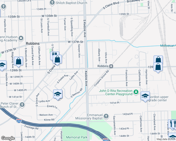 map of restaurants, bars, coffee shops, grocery stores, and more near 3145 139th Street in Robbins