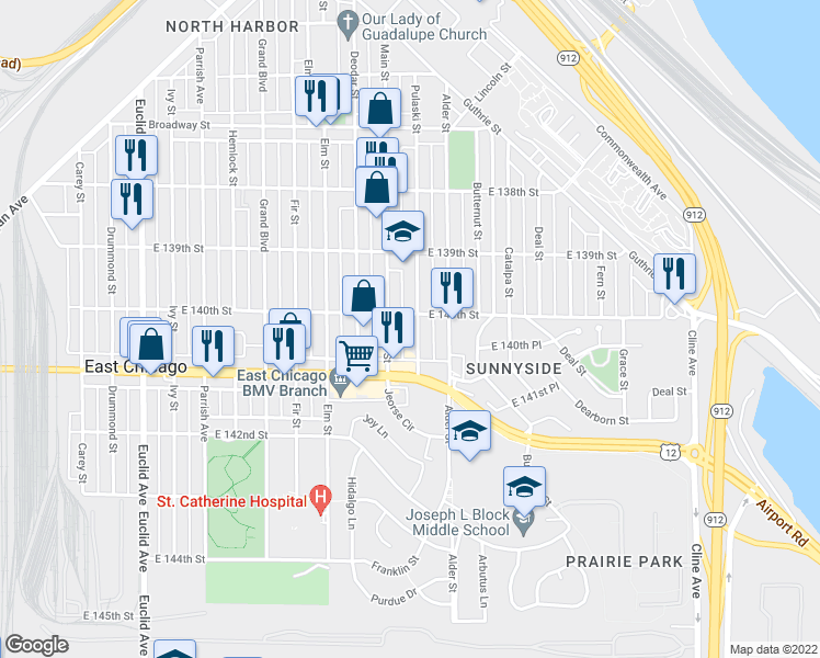 map of restaurants, bars, coffee shops, grocery stores, and more near 4010 Pulaski Street in East Chicago