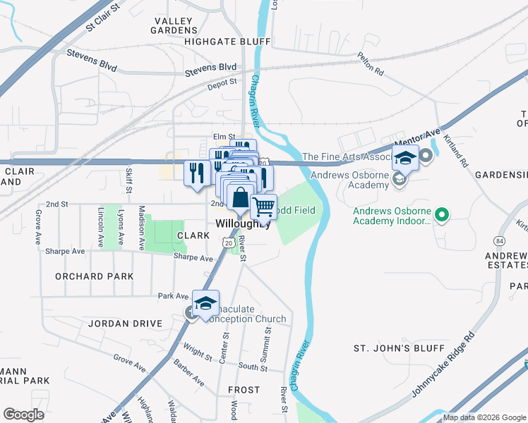 map of restaurants, bars, coffee shops, grocery stores, and more near 38264 Glenn Avenue in Kirtland