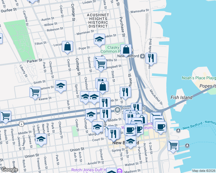 map of restaurants, bars, coffee shops, grocery stores, and more near 62 Thomas Street in New Bedford
