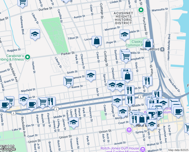 map of restaurants, bars, coffee shops, grocery stores, and more near 305 Maxfield Street in New Bedford