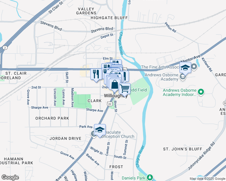 map of restaurants, bars, coffee shops, grocery stores, and more near in Willoughby