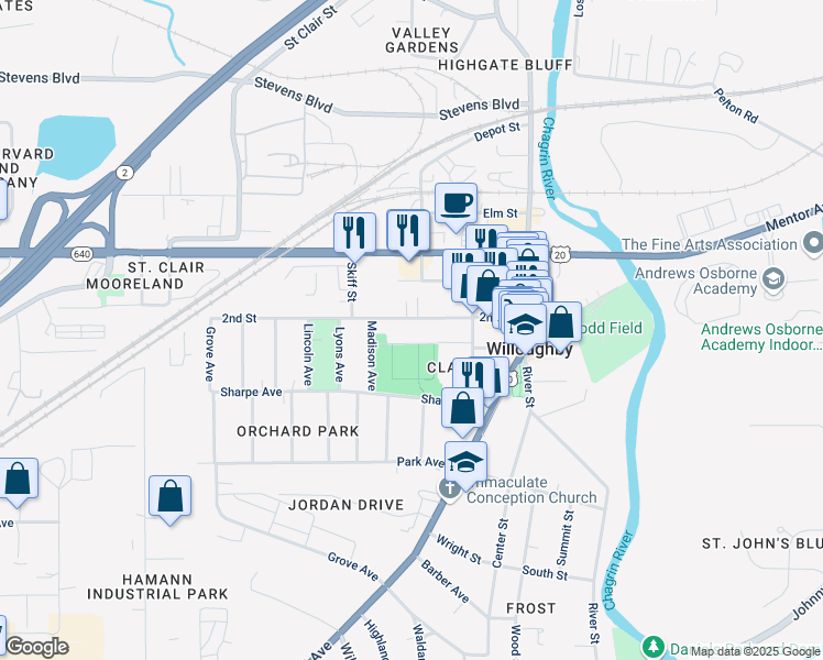 map of restaurants, bars, coffee shops, grocery stores, and more near 37818 2nd Street in Willoughby