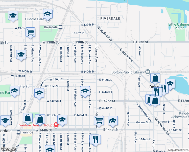map of restaurants, bars, coffee shops, grocery stores, and more near 123 East 140th Court in Riverdale