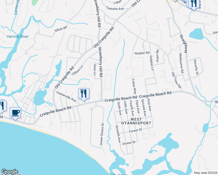 map of restaurants, bars, coffee shops, grocery stores, and more near 25 Chadwick Avenue in Barnstable