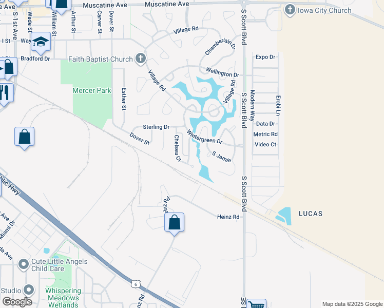 map of restaurants, bars, coffee shops, grocery stores, and more near 1866 Richmond Lane in Iowa City