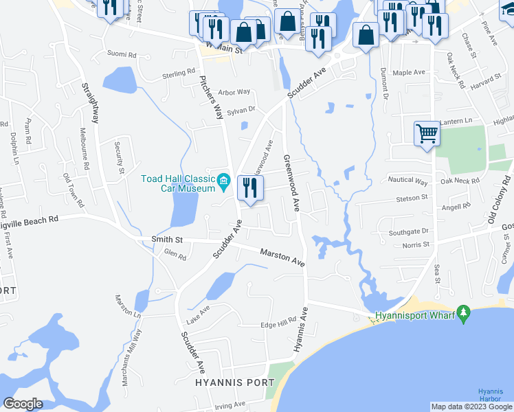 map of restaurants, bars, coffee shops, grocery stores, and more near 21 Harrington Way in Barnstable