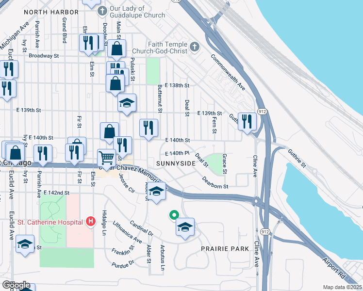 map of restaurants, bars, coffee shops, grocery stores, and more near 2604 East 140th Place in East Chicago