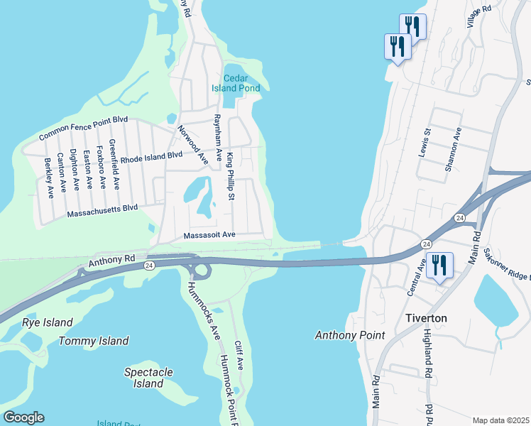 map of restaurants, bars, coffee shops, grocery stores, and more near 45 Narragansett Boulevard in Portsmouth