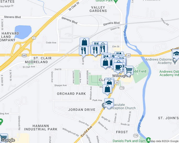 map of restaurants, bars, coffee shops, grocery stores, and more near 37724 2nd Street in Willoughby