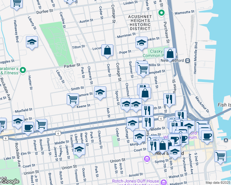 map of restaurants, bars, coffee shops, grocery stores, and more near 257 Maxfield Street in New Bedford