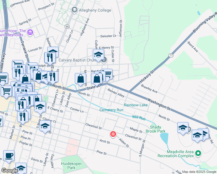map of restaurants, bars, coffee shops, grocery stores, and more near 40913 Penn Street in Meadville