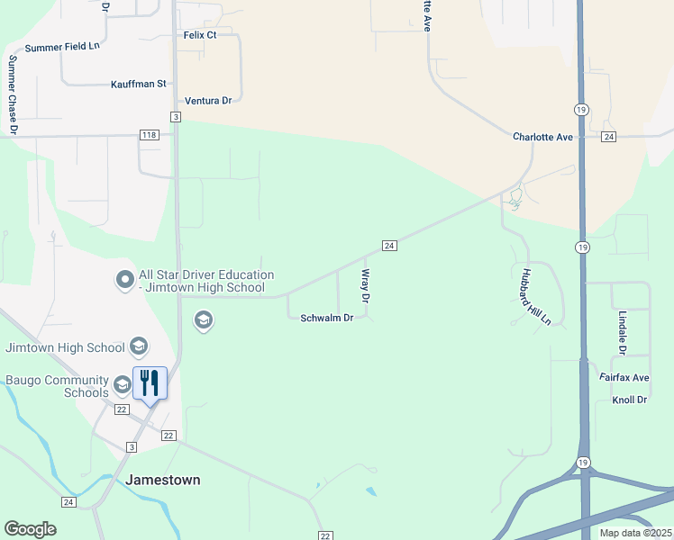 map of restaurants, bars, coffee shops, grocery stores, and more near 28615 County Road 24 in Elkhart
