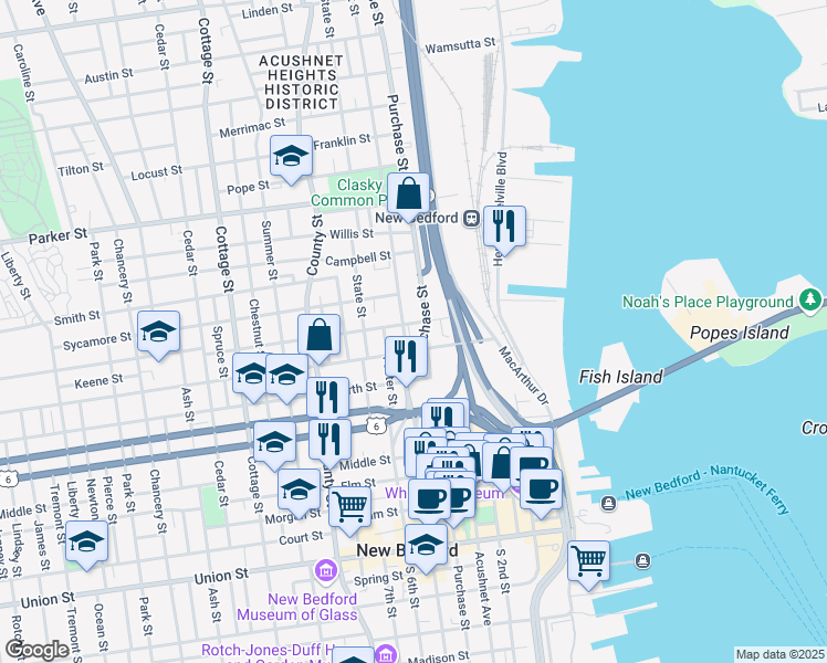 map of restaurants, bars, coffee shops, grocery stores, and more near 930 Pleasant Street in New Bedford