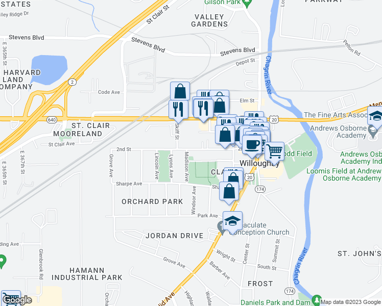 map of restaurants, bars, coffee shops, grocery stores, and more near 37720 2nd Street in Willoughby