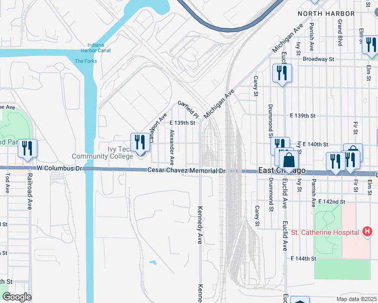 map of restaurants, bars, coffee shops, grocery stores, and more near 4013 Melville Avenue in East Chicago