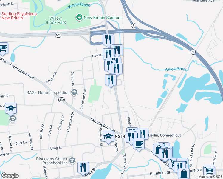 map of restaurants, bars, coffee shops, grocery stores, and more near 363 New Britain Road in Berlin