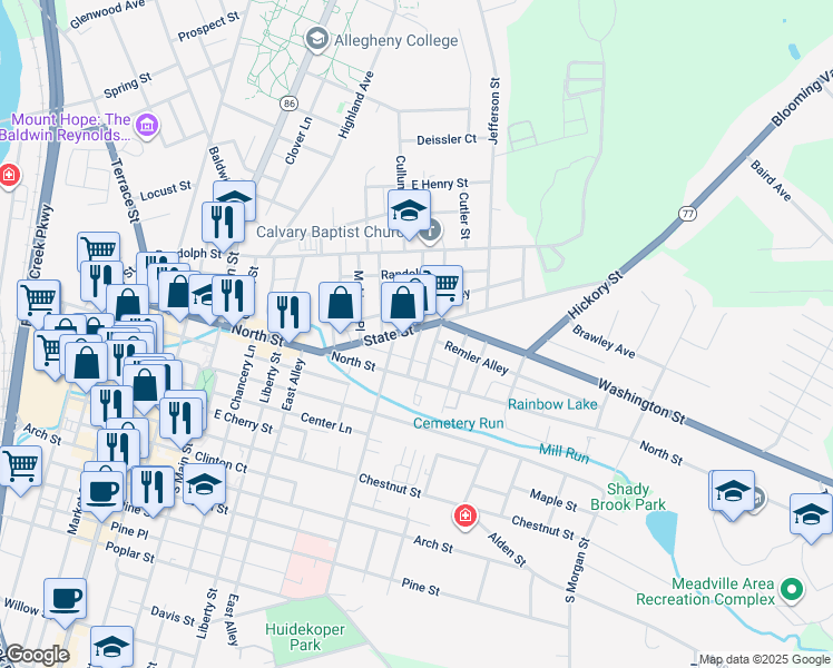 map of restaurants, bars, coffee shops, grocery stores, and more near 777 Grove Street in Meadville