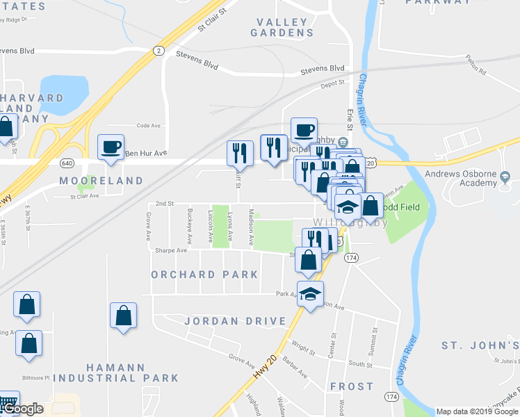 map of restaurants, bars, coffee shops, grocery stores, and more near 4145 Madison Avenue in Willoughby