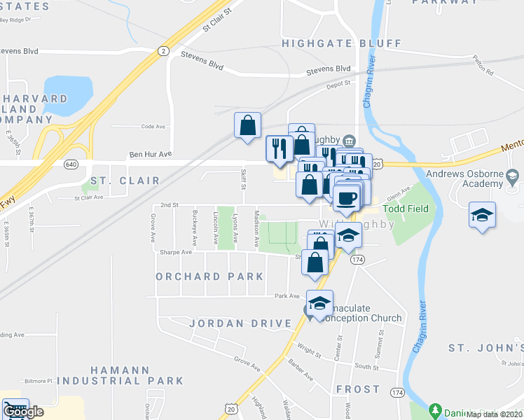 map of restaurants, bars, coffee shops, grocery stores, and more near 4145 Madison Avenue in Willoughby