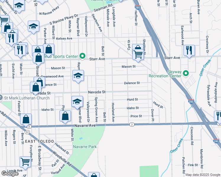 map of restaurants, bars, coffee shops, grocery stores, and more near 604 Howland Avenue in Toledo