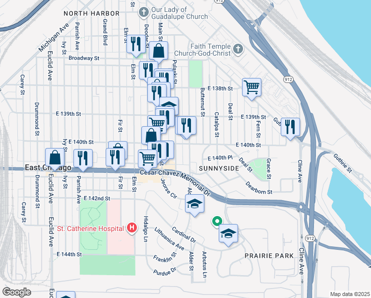 map of restaurants, bars, coffee shops, grocery stores, and more near 4005 Alder Street in East Chicago