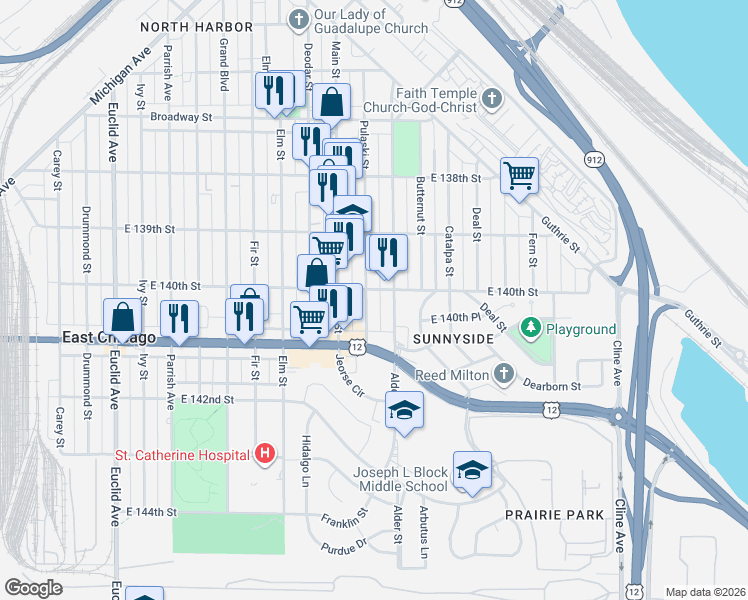 map of restaurants, bars, coffee shops, grocery stores, and more near 4016 Pulaski Street in East Chicago