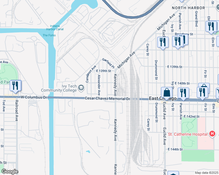 map of restaurants, bars, coffee shops, grocery stores, and more near 4026 Kennedy Avenue in East Chicago