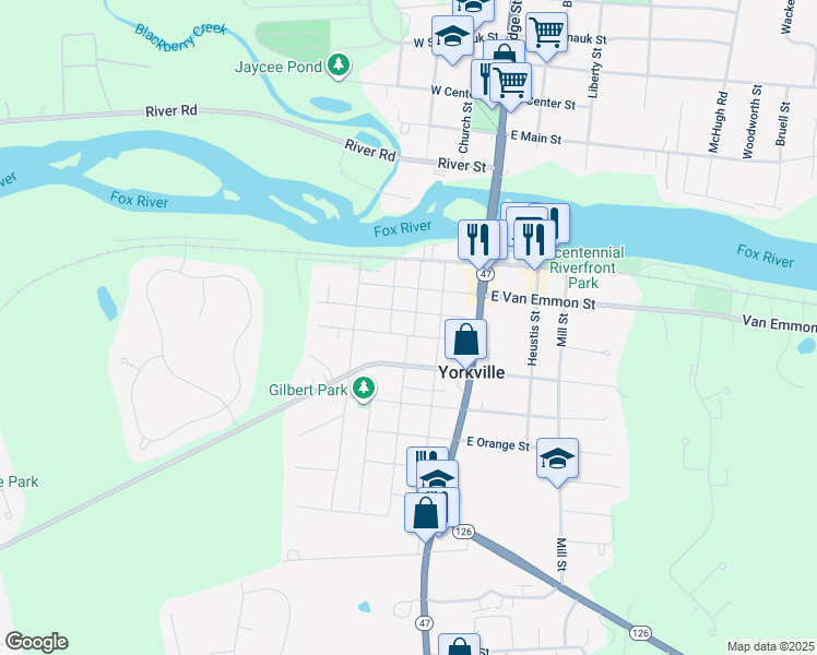 map of restaurants, bars, coffee shops, grocery stores, and more near 306 West Ridge Street in Yorkville